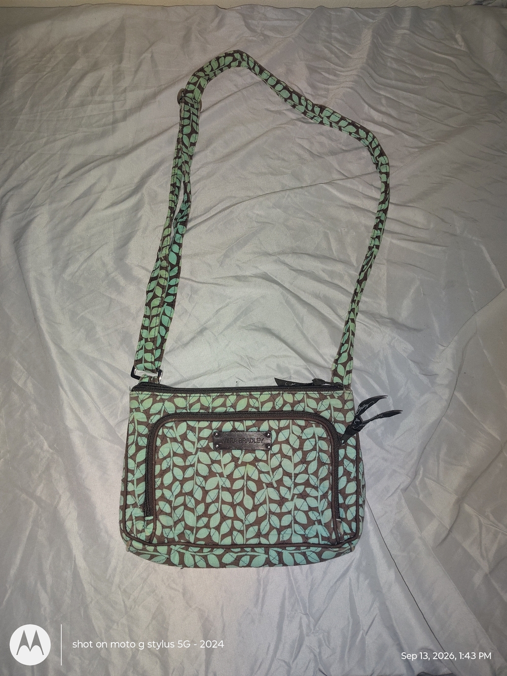 Vera Bradley Quilted Floral Crossbody Bag Brown/Mint Zip Closure Inner Pockets